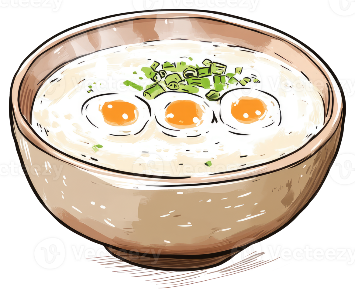A bowl of porridge served with cooked egg slices and green garnish png