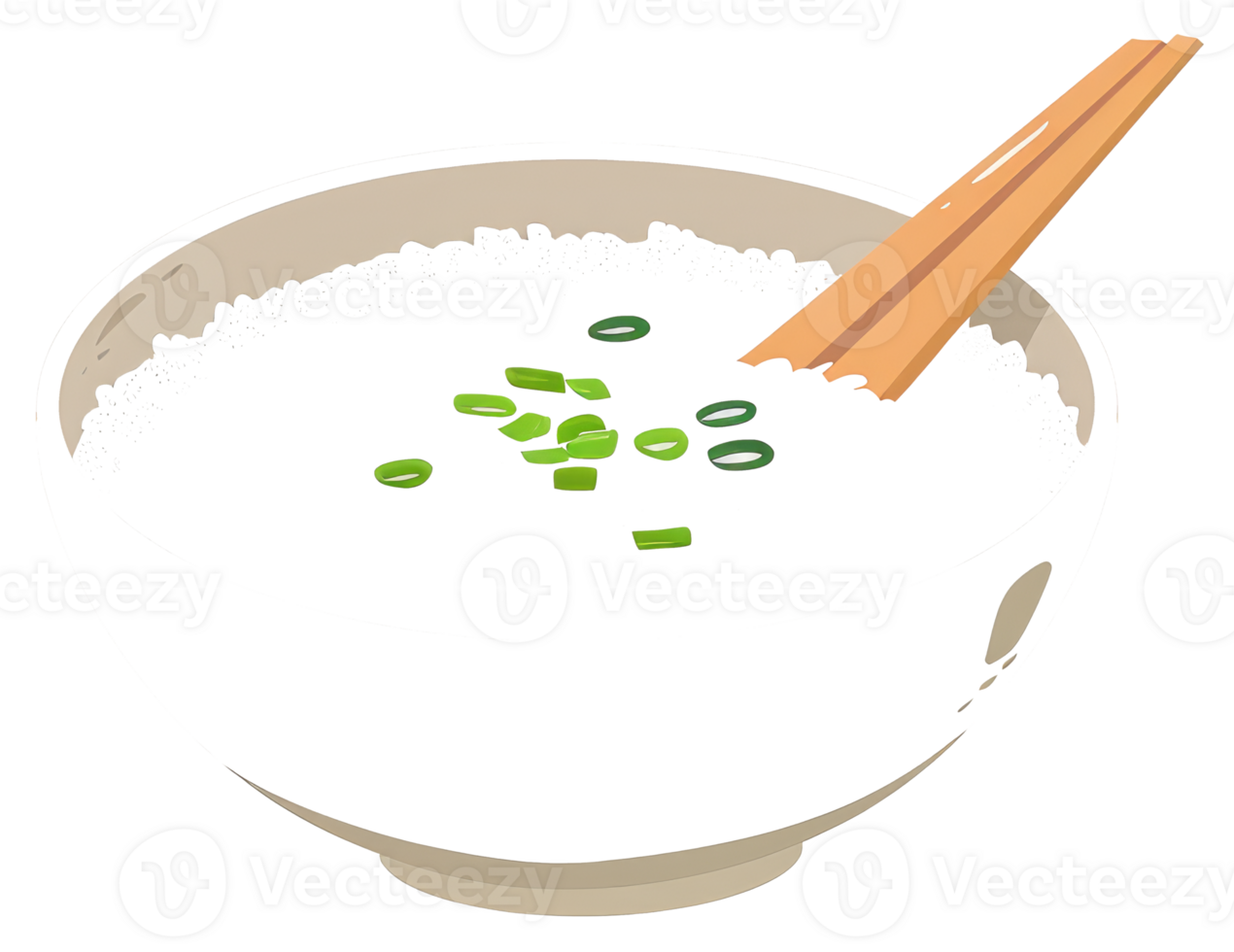 A bowl of rice porridge with chopsticks and garnish png