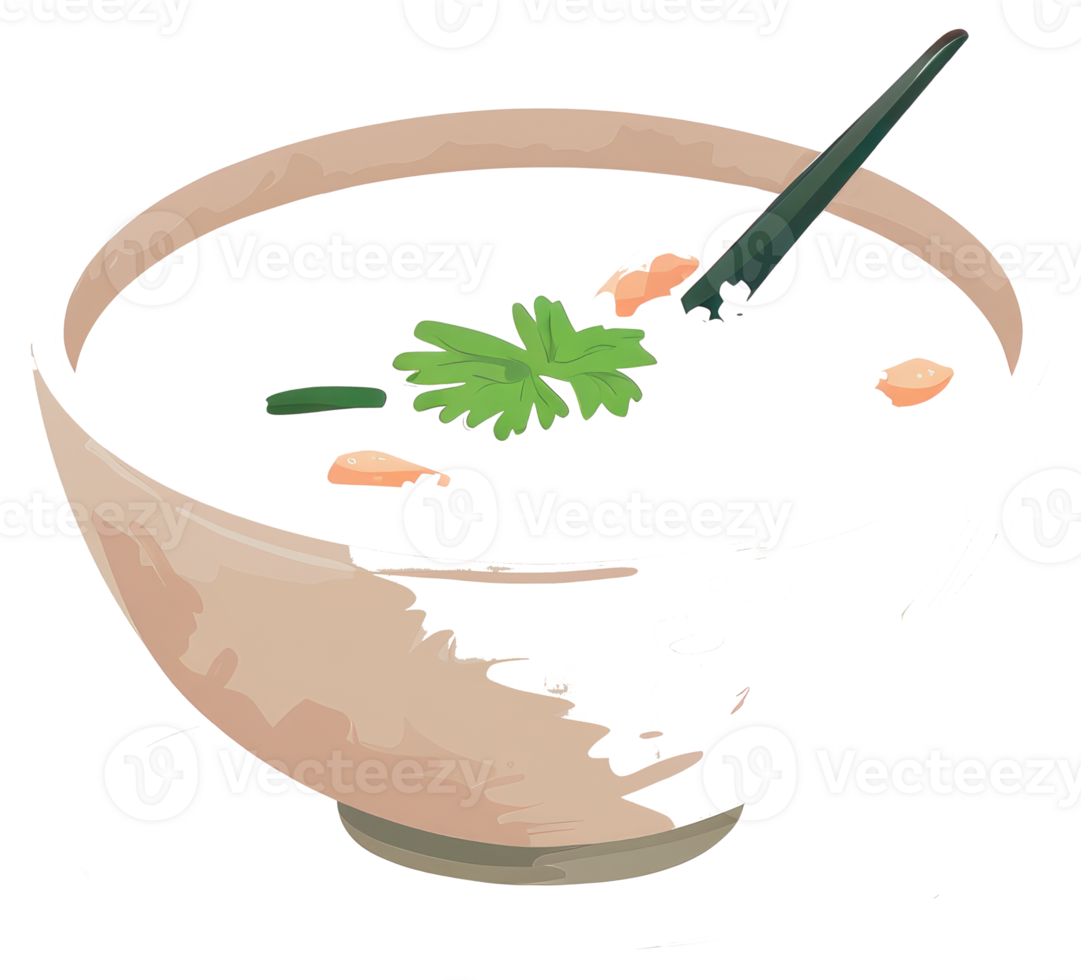 A bowl of soup with garnishes and a spoon within png