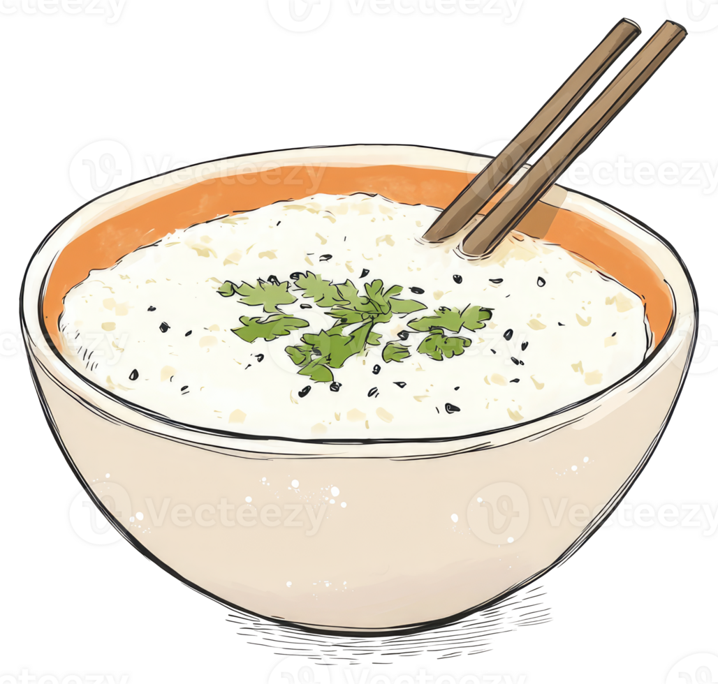 A white bowl of food with green herbs and chopsticks png
