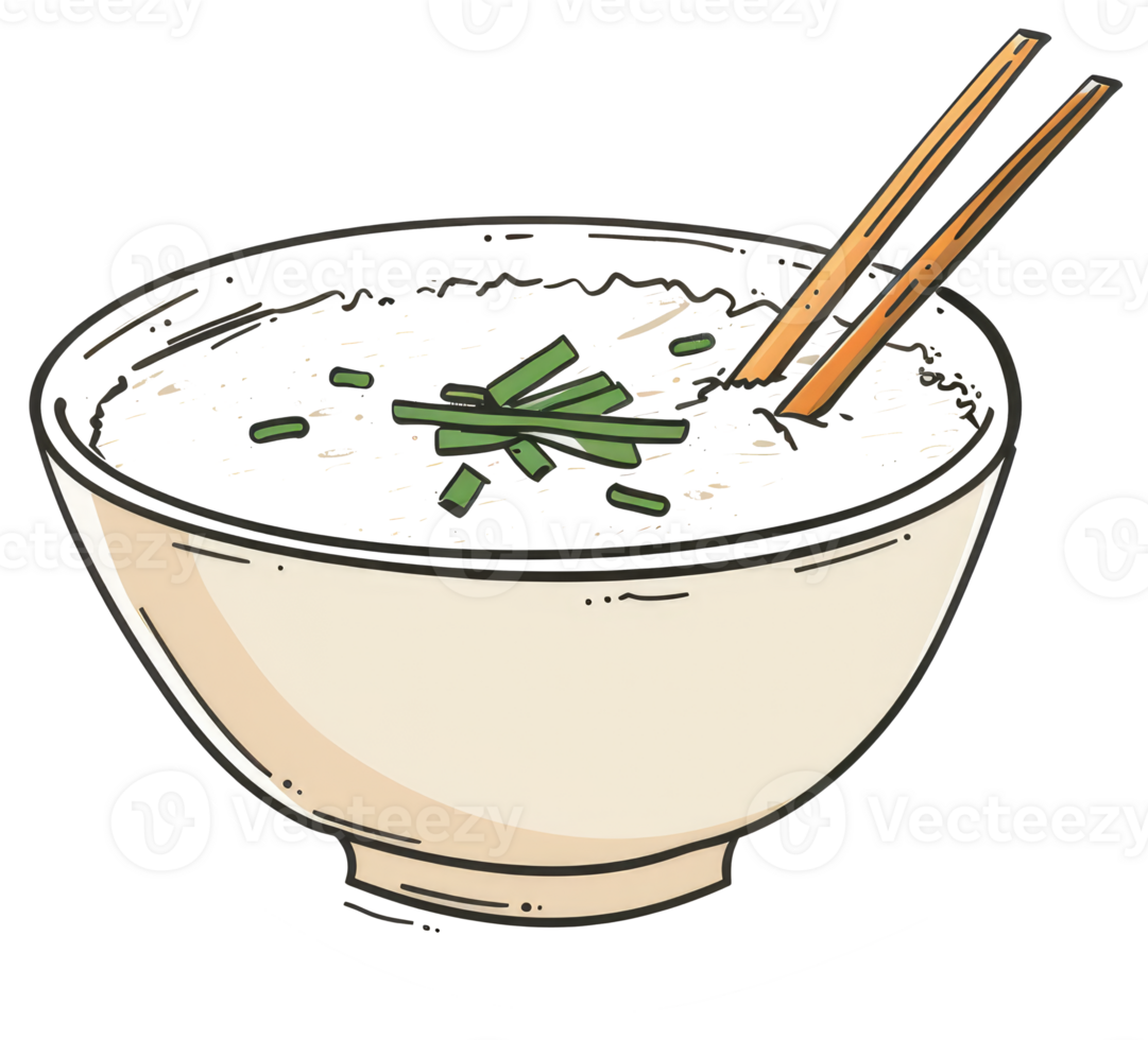 Illustration of a bowl of food with chopsticks and garnish png