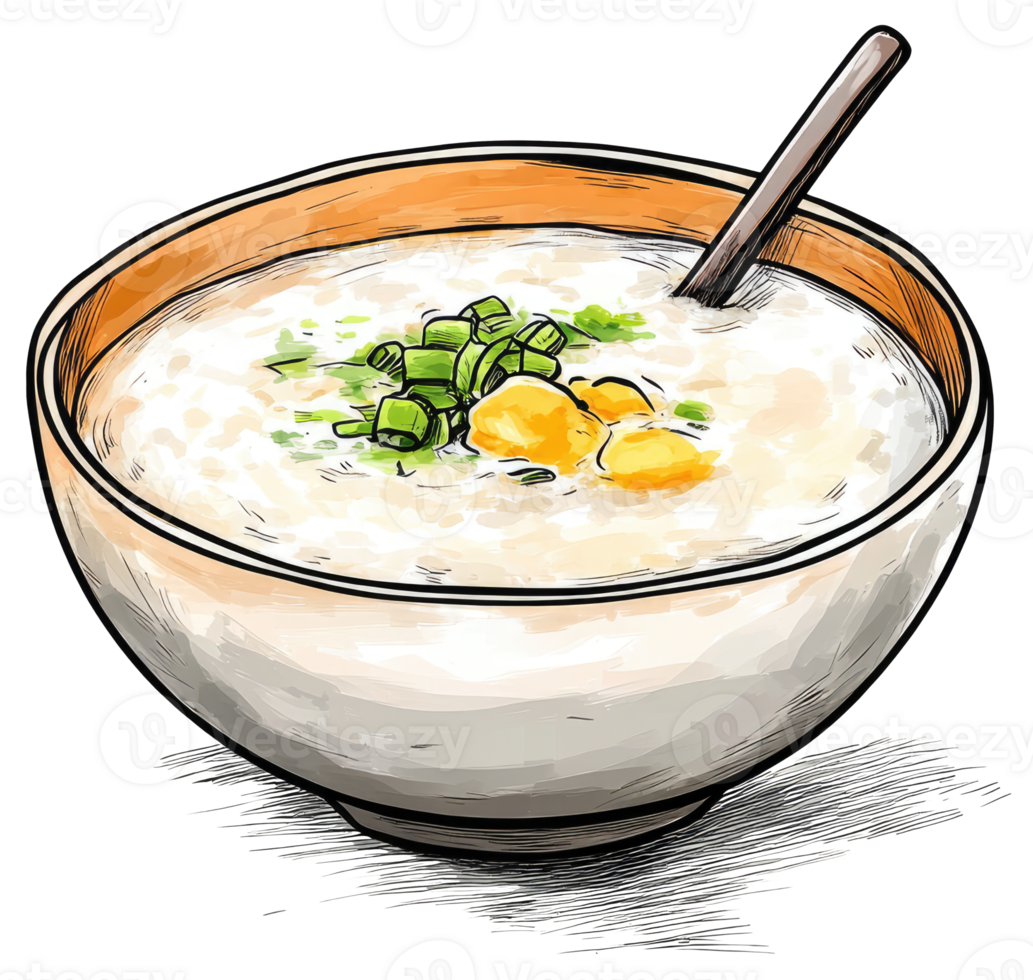 Delicious serving of creamy rice porridge with garnish and wooden spoon png