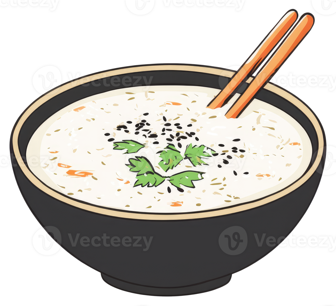 A bowl of soup with chopsticks and garnish is shown png