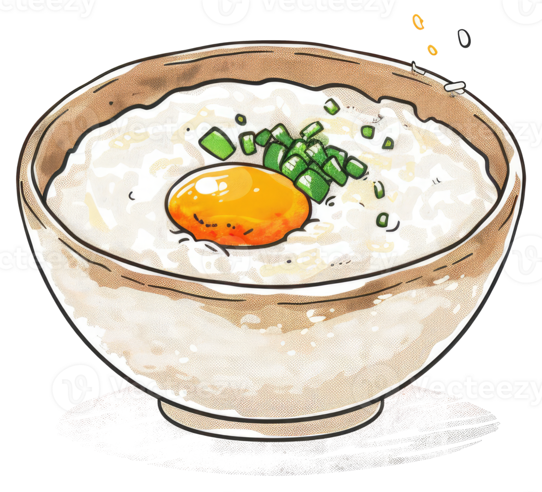 A bowl of cooked rice topped with an egg and green onions png