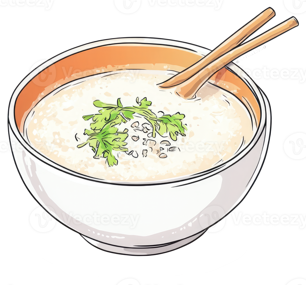 A bowl of creamy porridge with green garnish and chopsticks present png