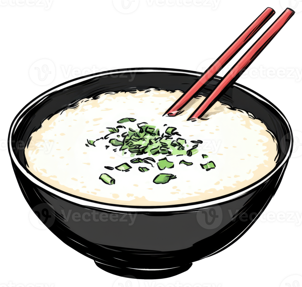 A Bowl of Rice Topped with Green and Red Chopsticks png