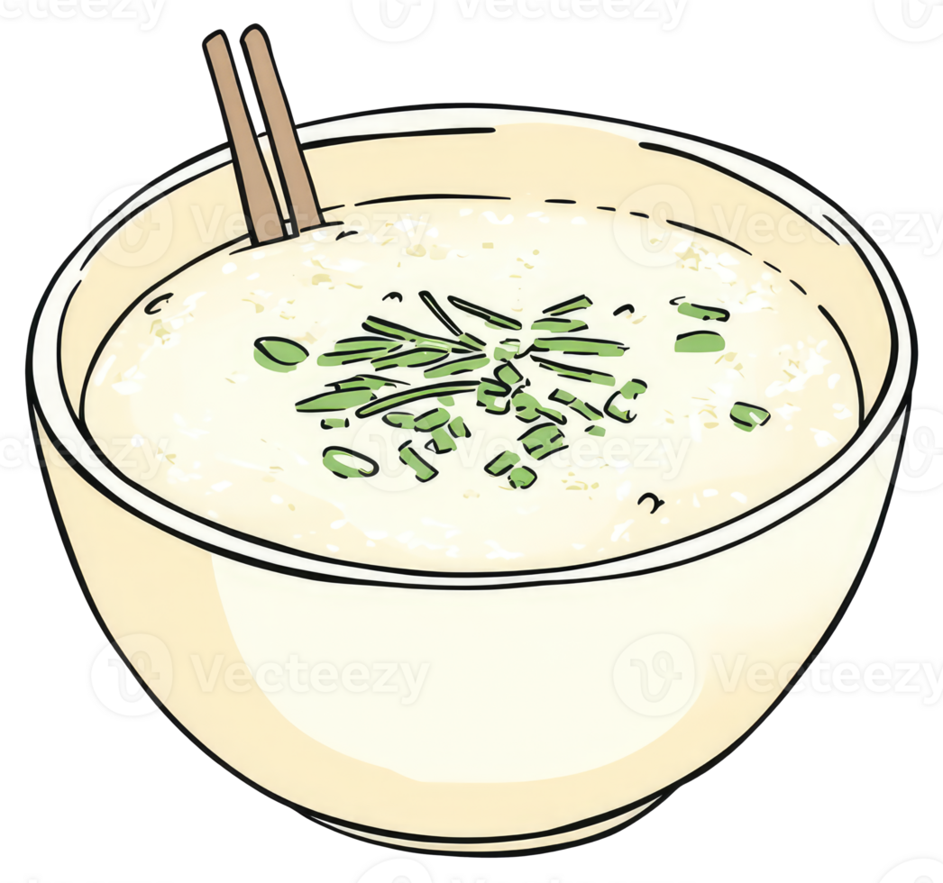 A bowl of creamy soup with green herbs and chopsticks png
