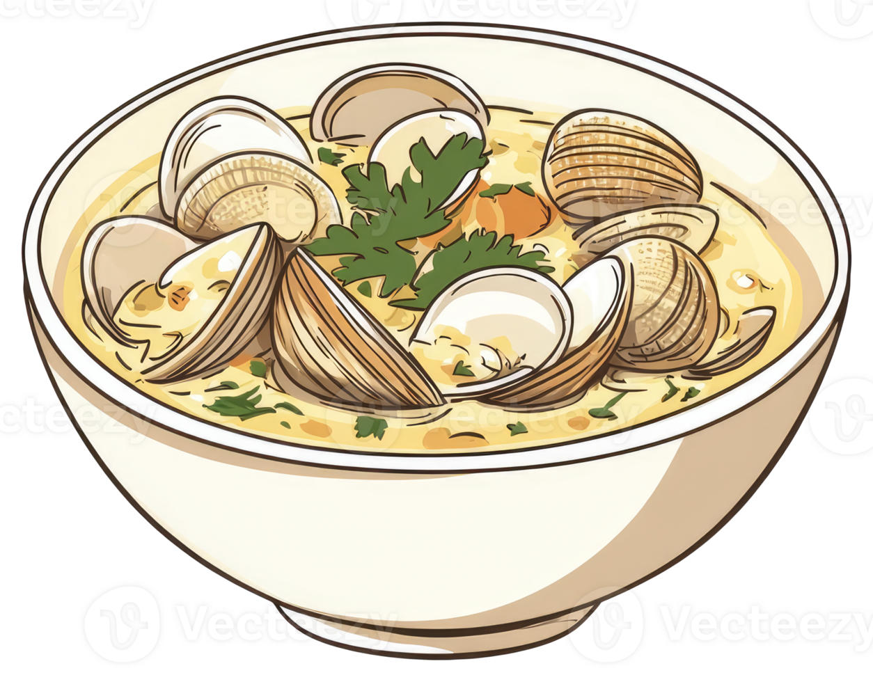 A creamy bowl of shellfish soup served with herbs and ingredients png