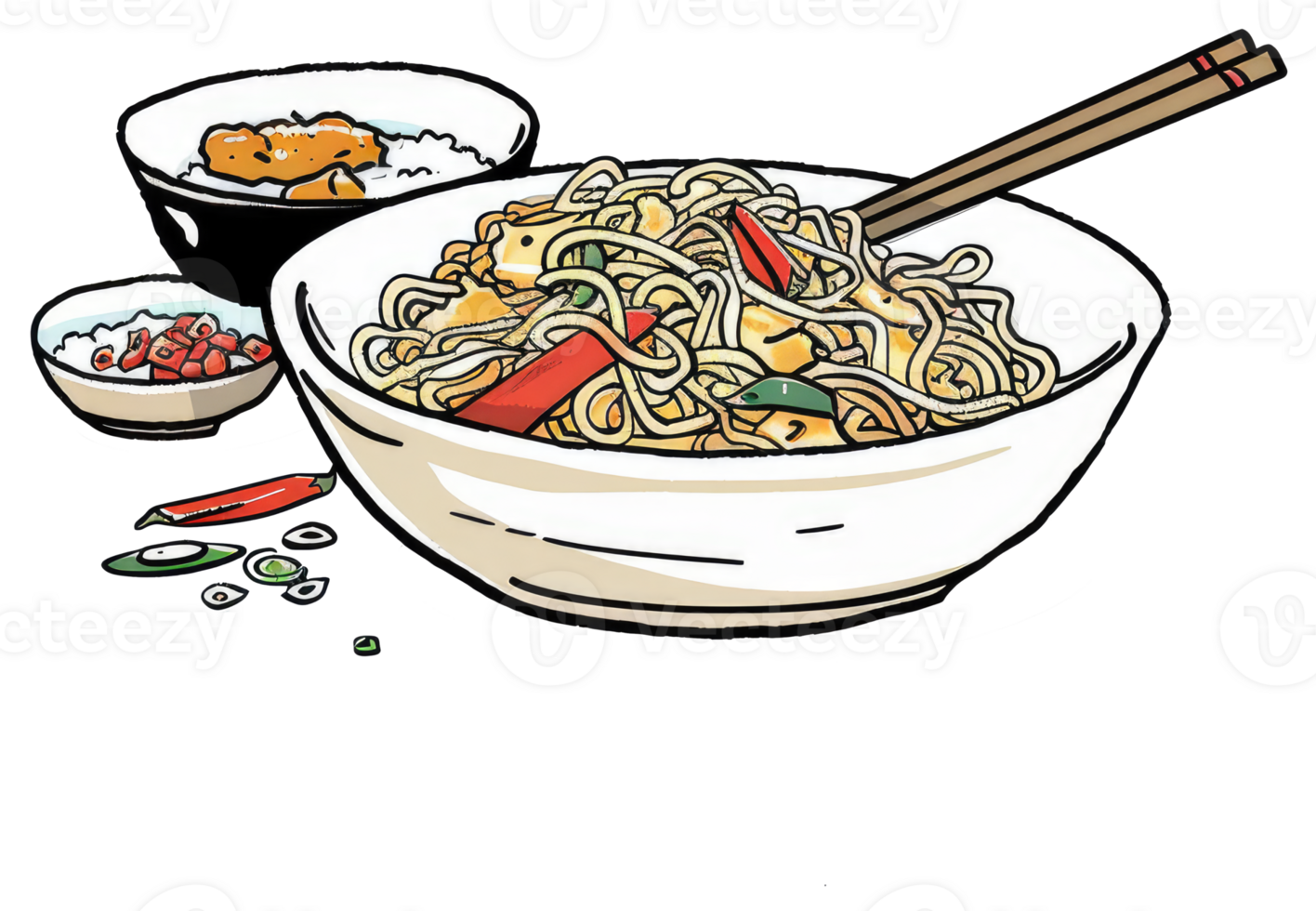 A colorful illustration showing noodle bowls with chopsticks and other foods png