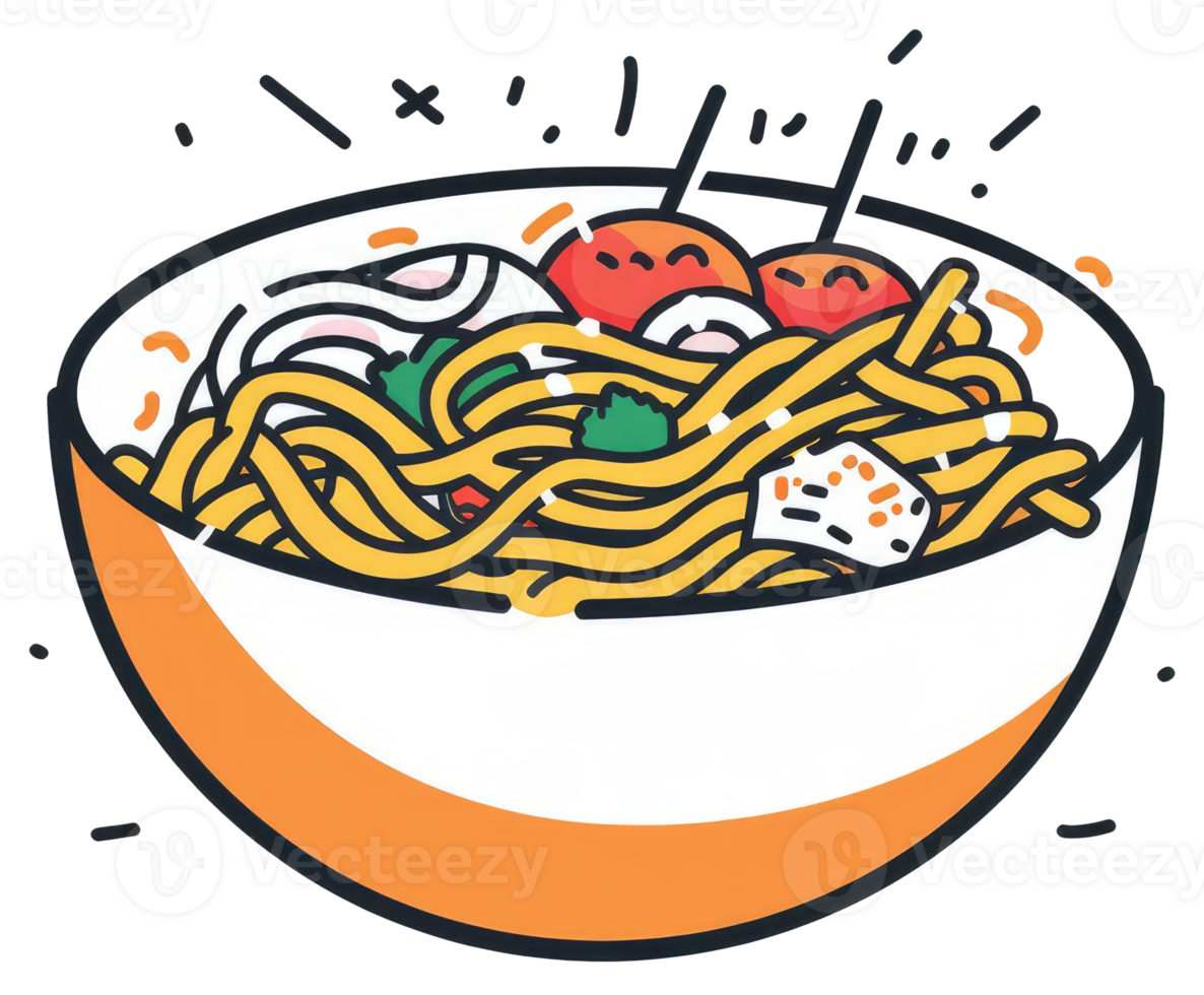 A colorful illustrated bowl filled with appetizing noodles and meatballs png