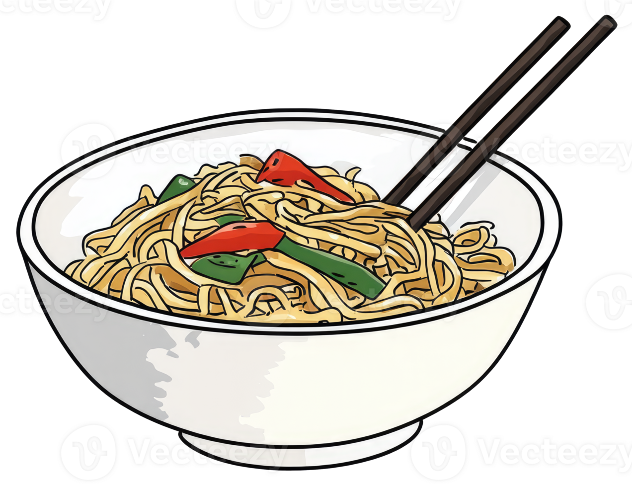 Delicious noodles and vegetables served in a white ceramic bowl png
