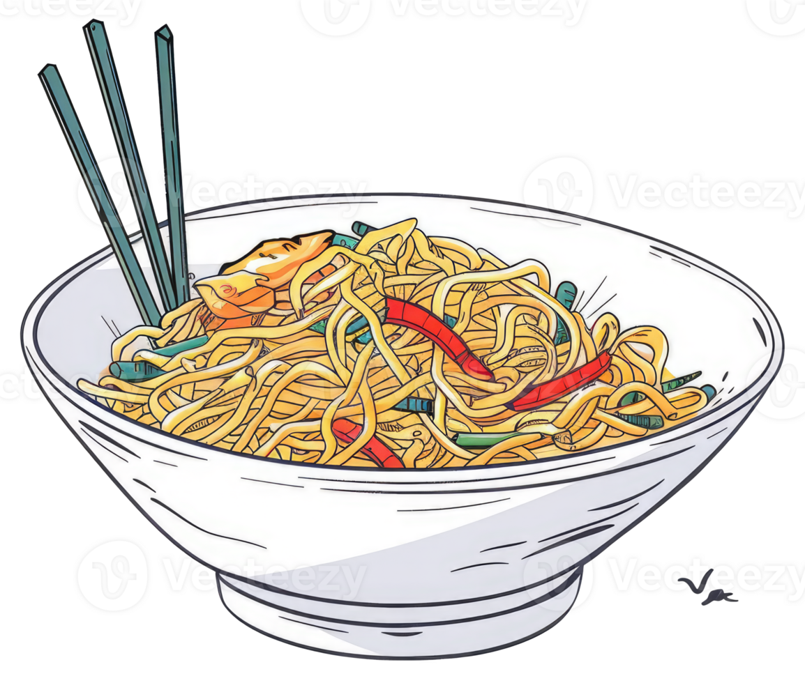 A white bowl filled with noodles and chopsticks on top png