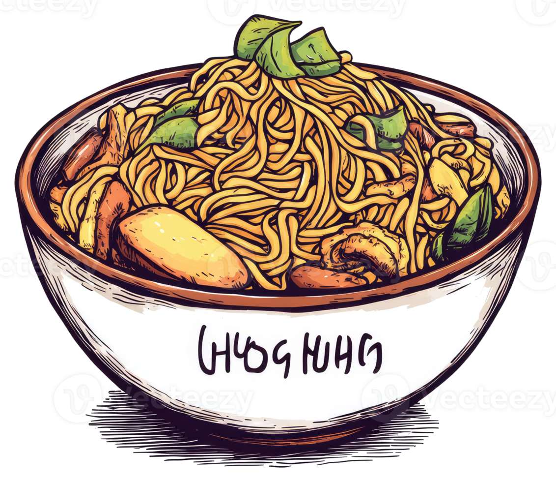 A bowl filled with delicious noodles and various ingredients inside png