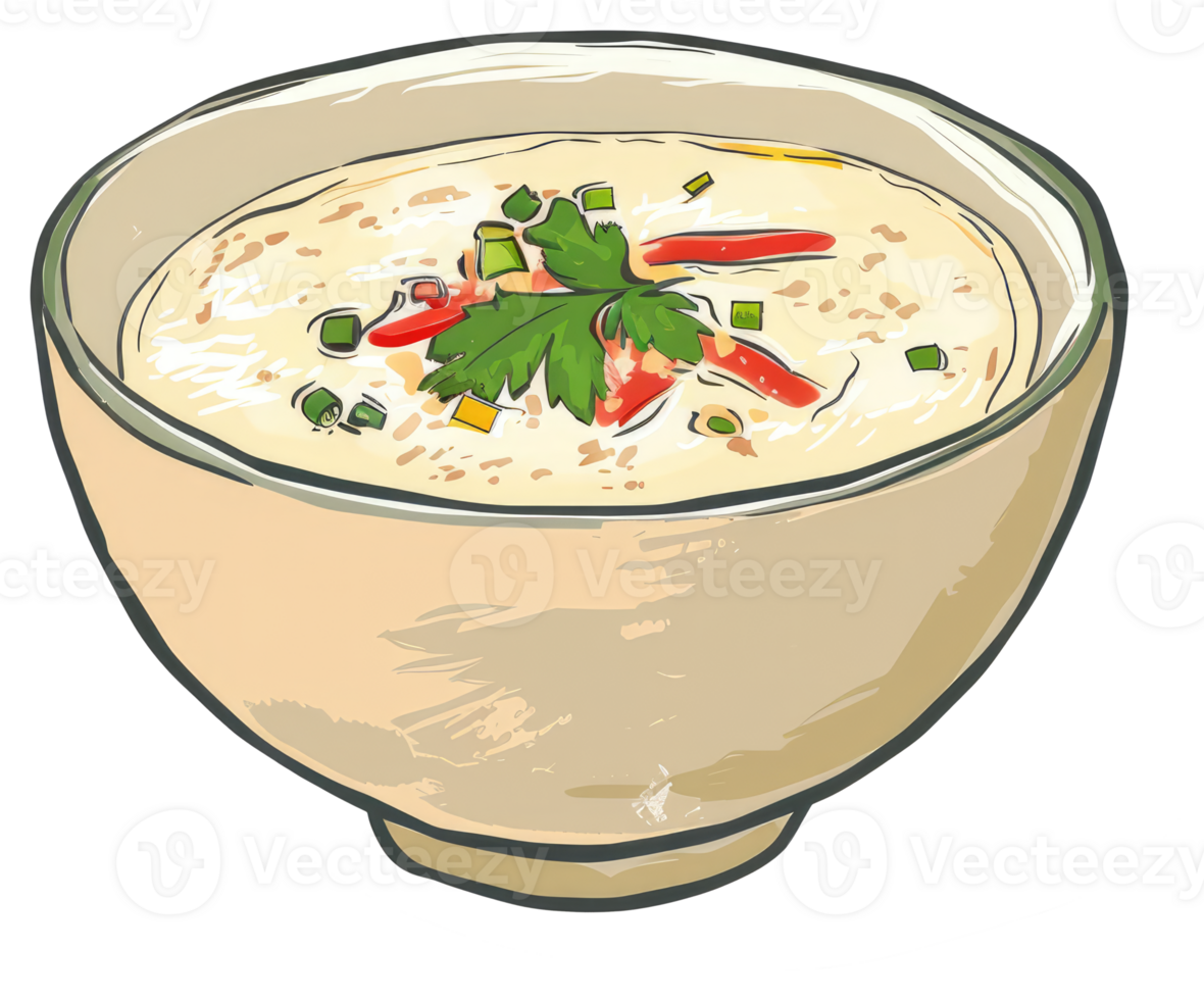A bowl of creamy soup garnished with vegetables and spices png