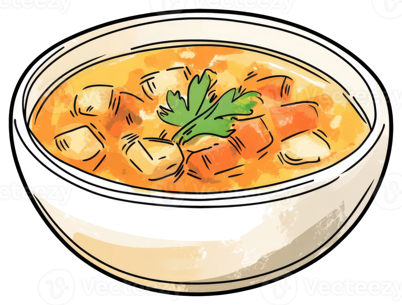 A bowl of hearty vegetable soup with fresh green garnish png