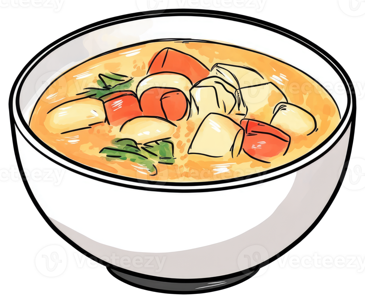 A detailed illustration depicts a warm bowl of flavorful soup png