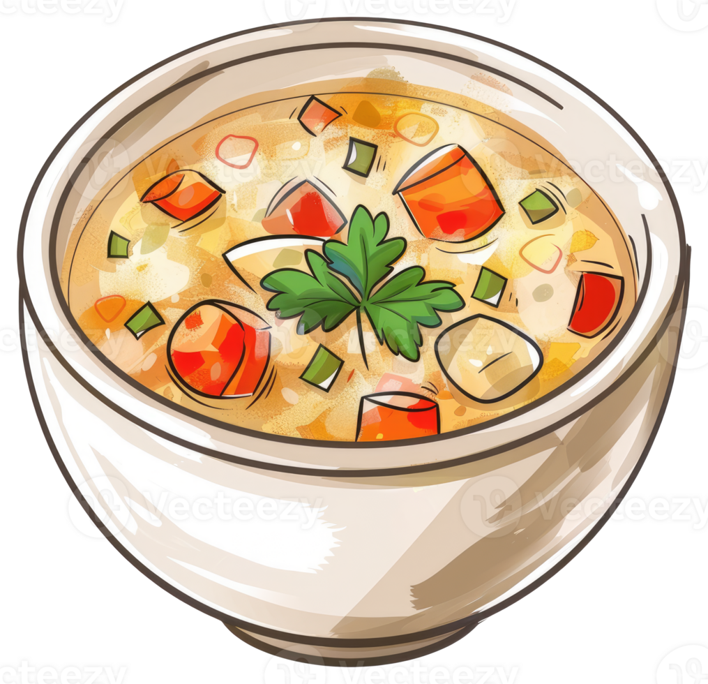 A delicious looking bowl filled with warm vegetable soup png