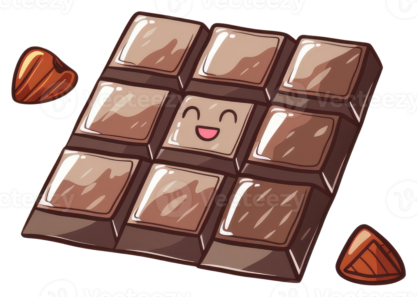A smiling chocolate bar with some nuts is shown in the image png