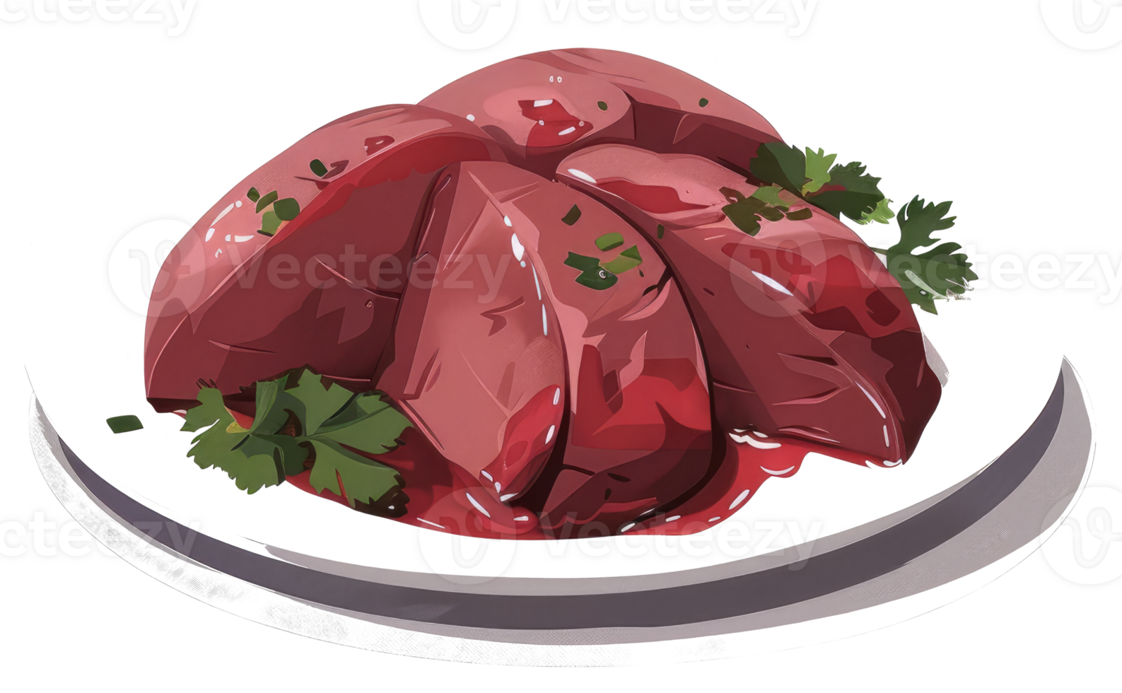 Sliced raw meat arranged on a white plate with garnish png
