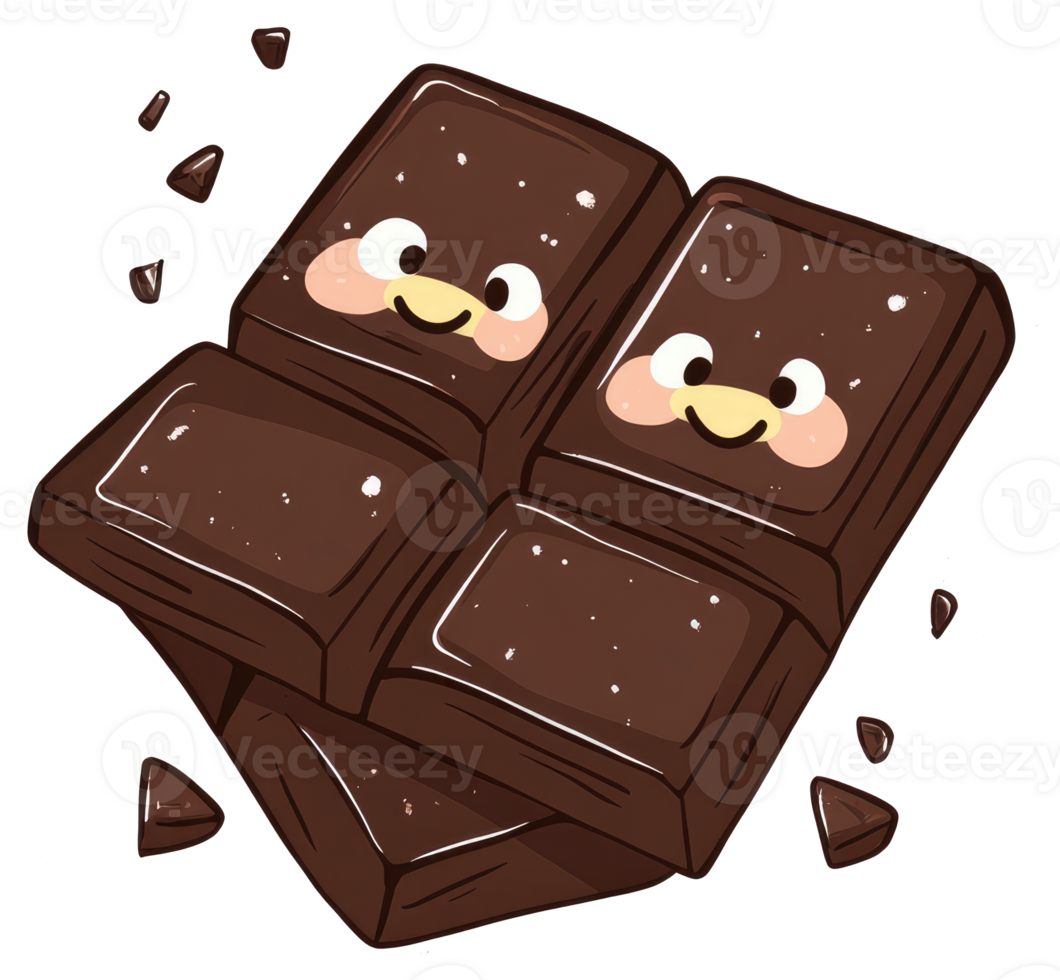 Two smiling chocolate bars with scattered small chocolate pieces png