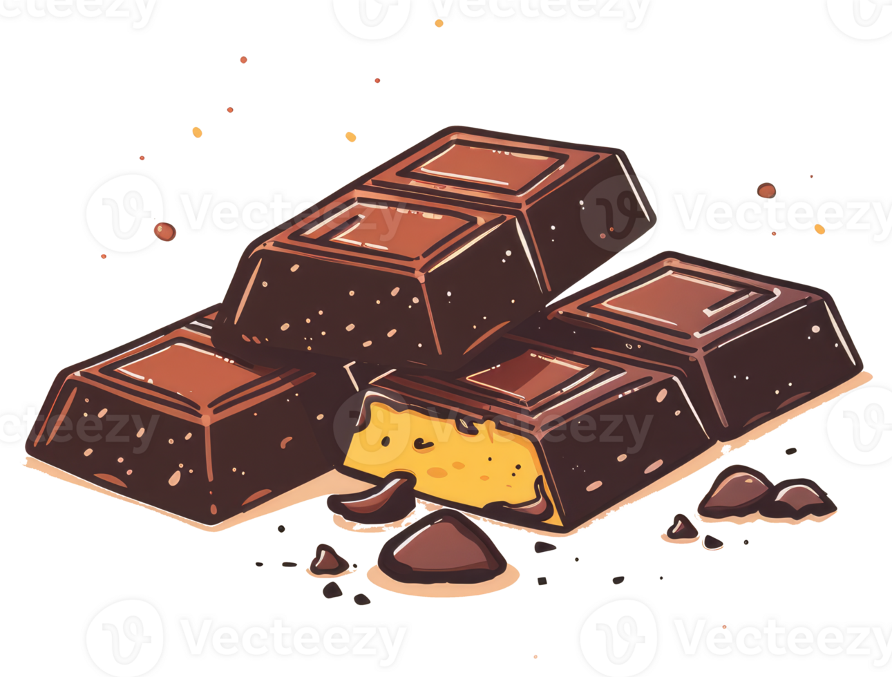 Four arranged pieces of delicious dark chocolate candy bars png