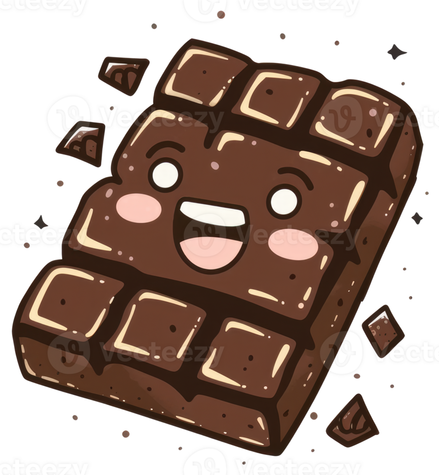 A smiling animated chocolate bar with broken chocolate pieces present png