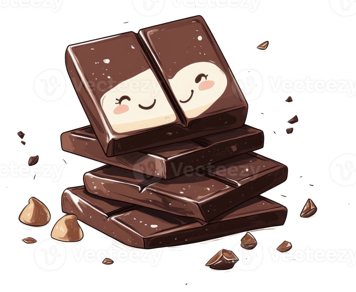 A stack of smiling chocolate bars and some chocolate chips png