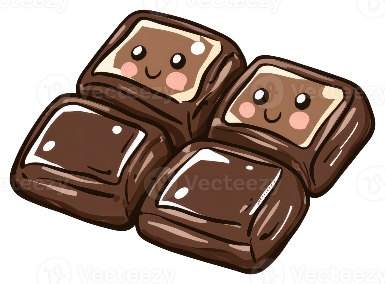 Four smiling square chocolate candies with white colored insides png