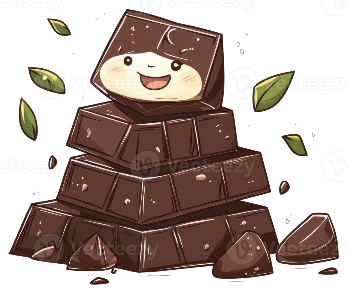 Cute smiling chocolate bar cartoon character with stacked sections and leaves png