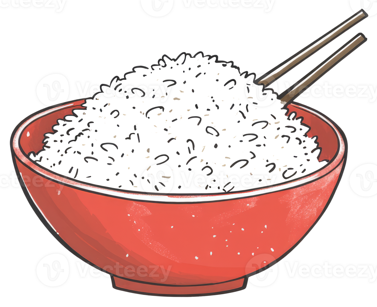 A red bowl filled with cooked rice and chopsticks png