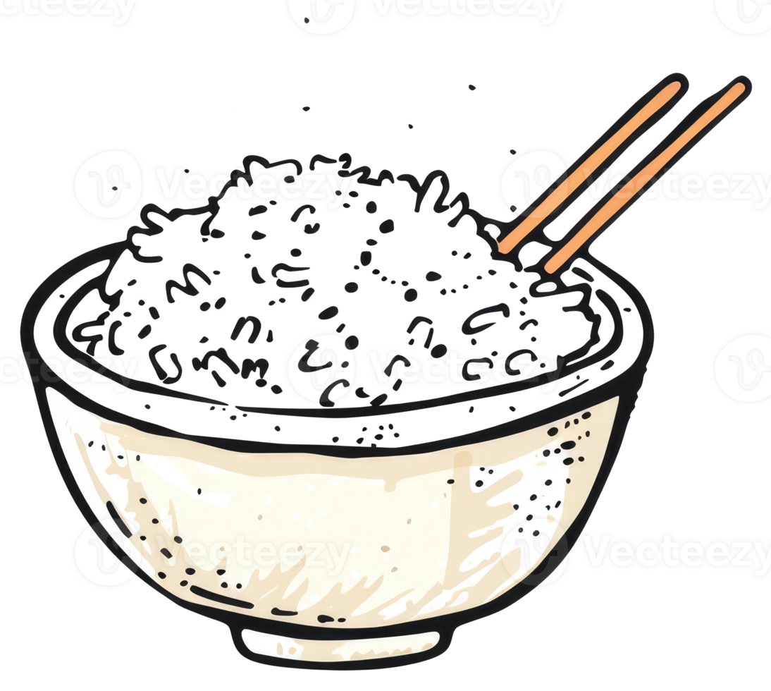 A white bowl filled with rice and chopsticks on top png