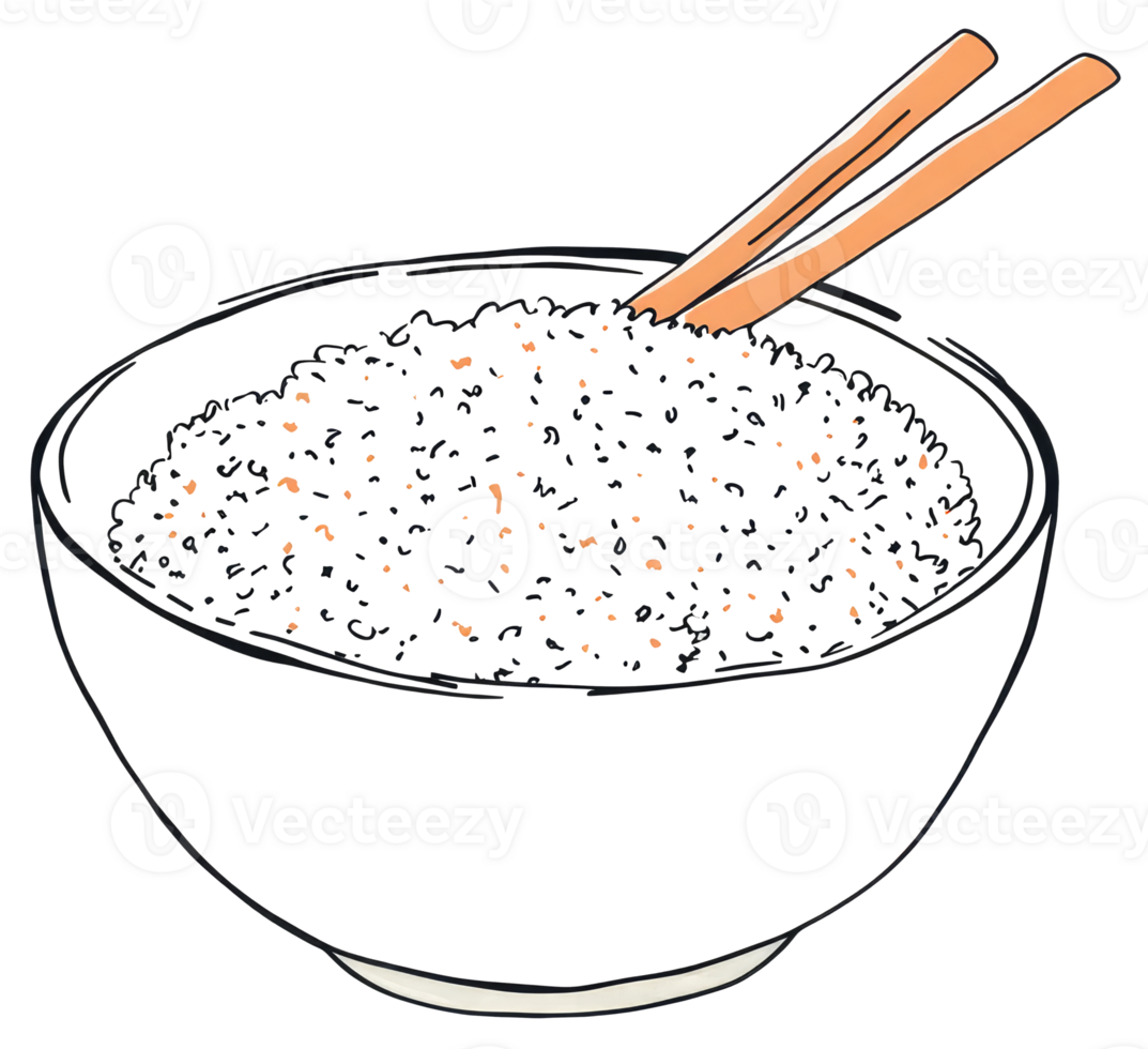 A white bowl filled with cooked rice and chopsticks png