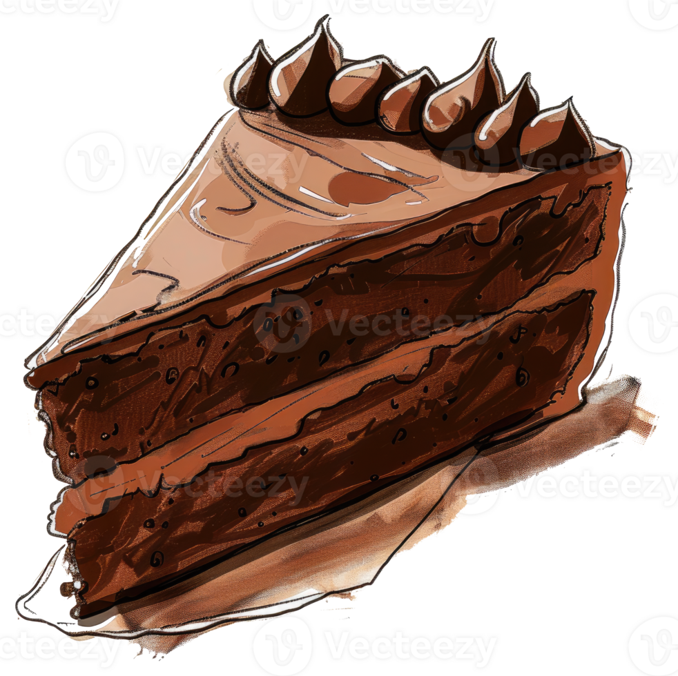 A delicious slice of chocolate cake with rich frosting on top png