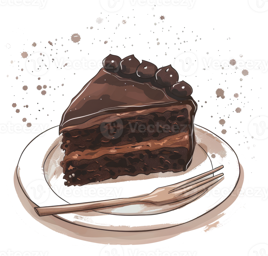 A delicious slice of chocolate cake rests on a plate png