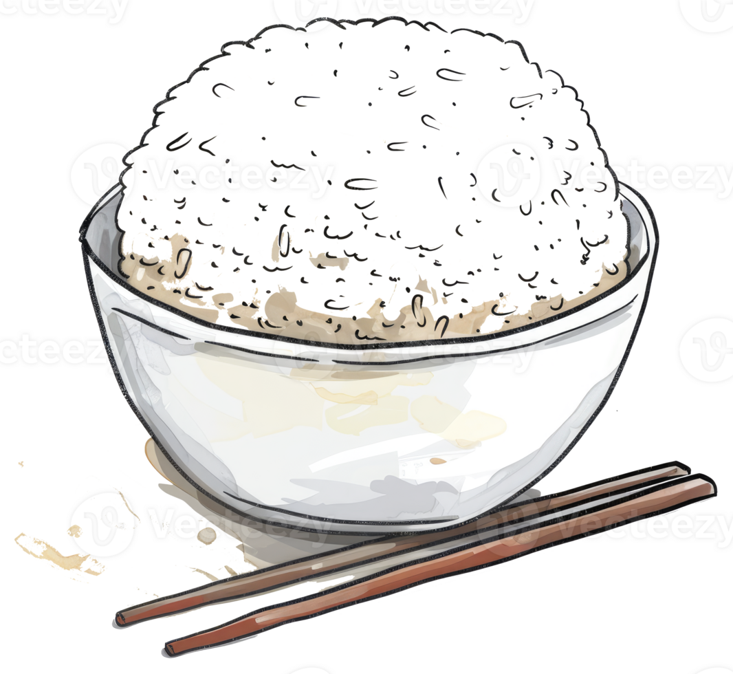A bowl of white cooked rice and wooden chopsticks png