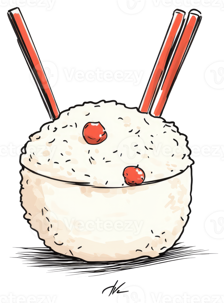 A Bowl Of Rice With Chopsticks And Red Accents png