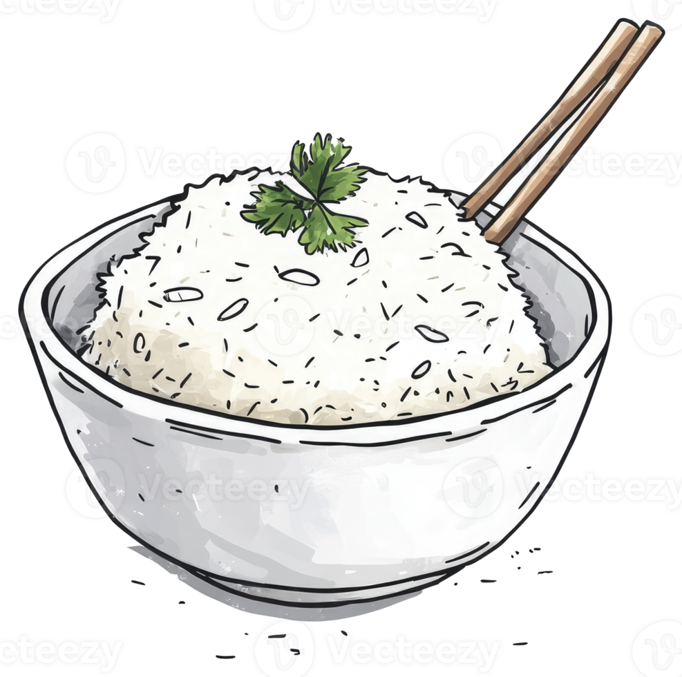 A white ceramic bowl holds a portion of cooked rice png