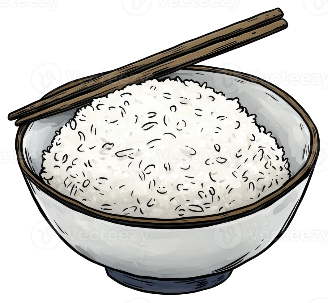 A full bowl of white cooked rice with chopsticks resting png