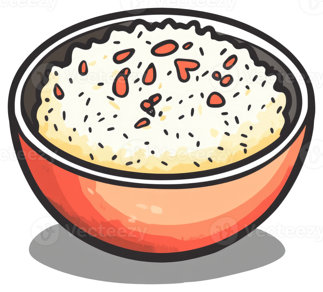 A drawing depicts a bowl of cooked rice with toppings png