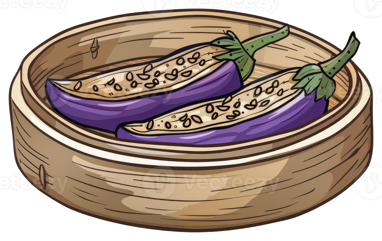 Two halves of an eggplant inside a wooden steamer basket png