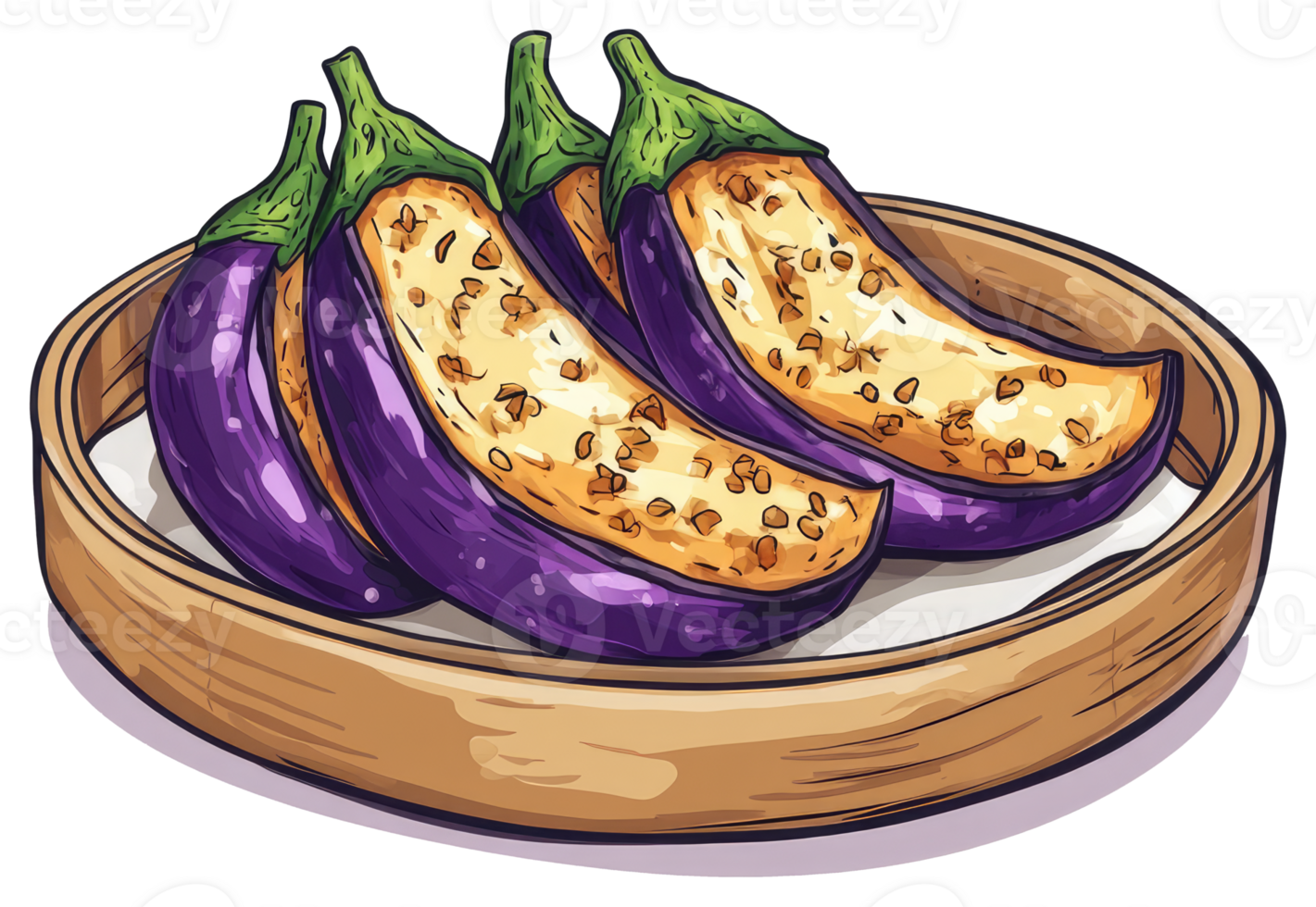 Artistic depiction of several baked eggplants in a wooden bowl png