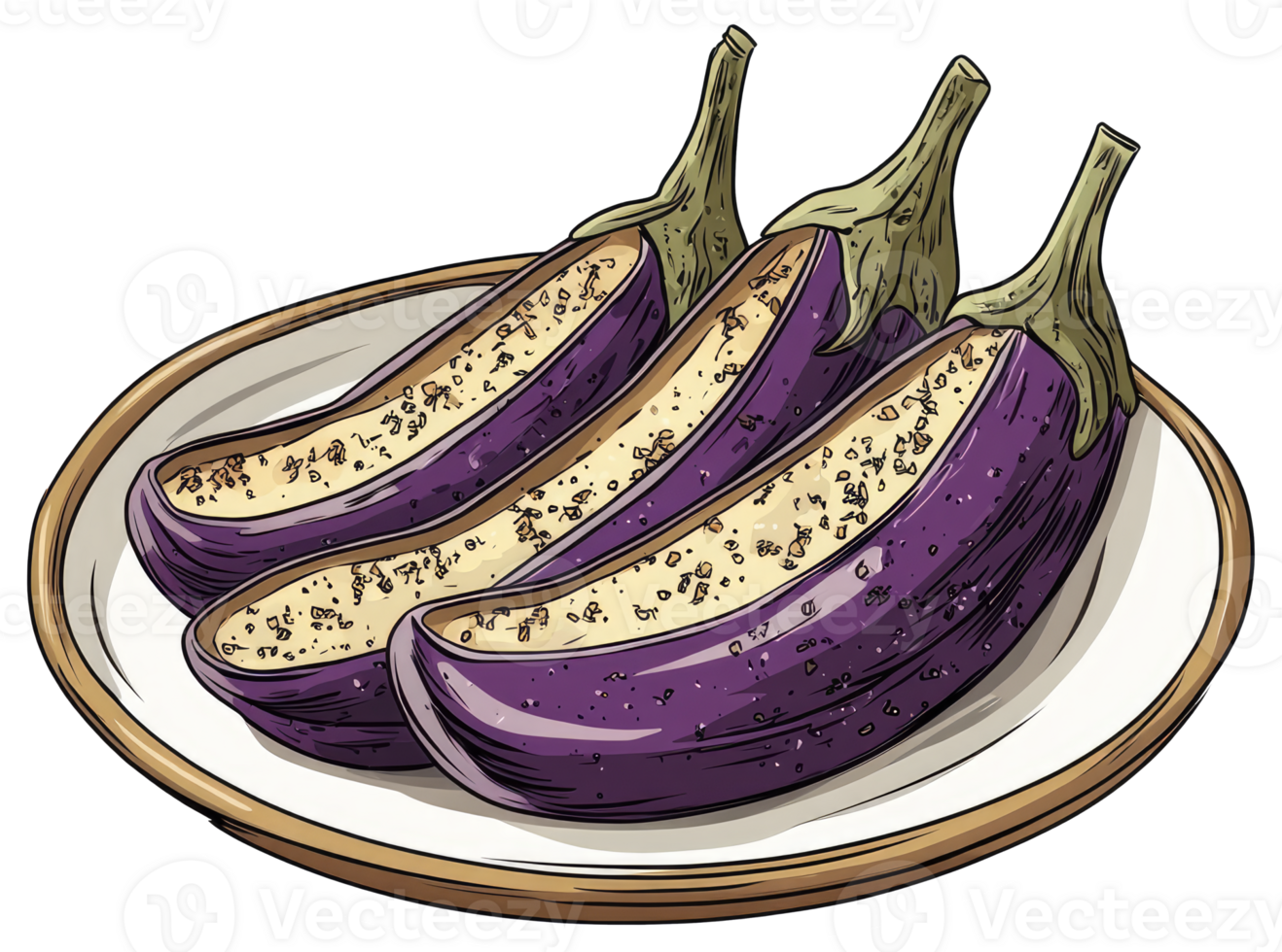 Three baked eggplants sprinkled on a white and brown plate png