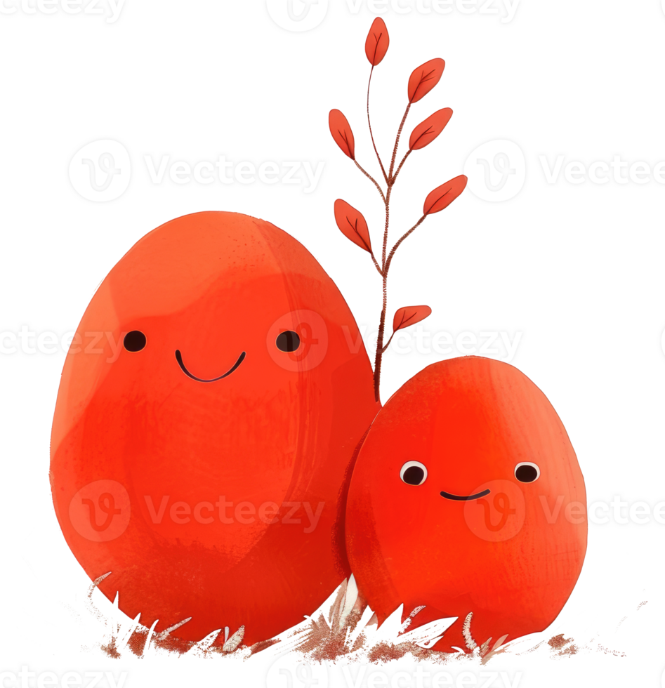 Two smiling egg shaped figures stand beside a small branch png