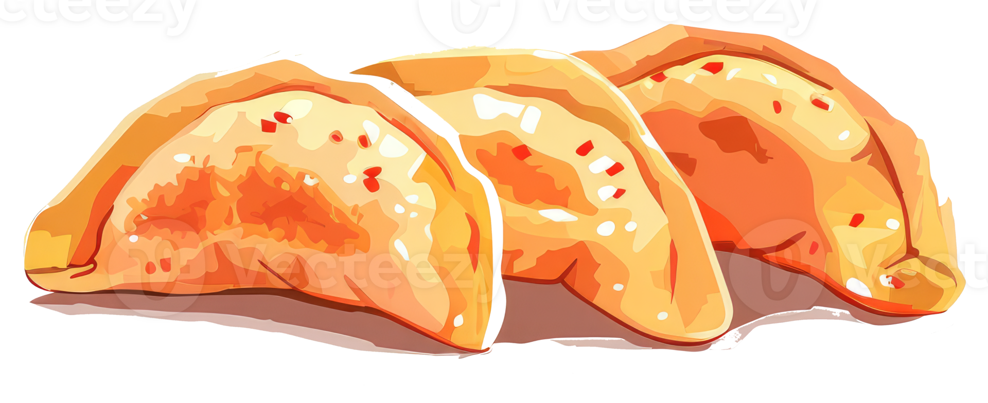 Three baked or fried pastries appear artfully arranged together on white png