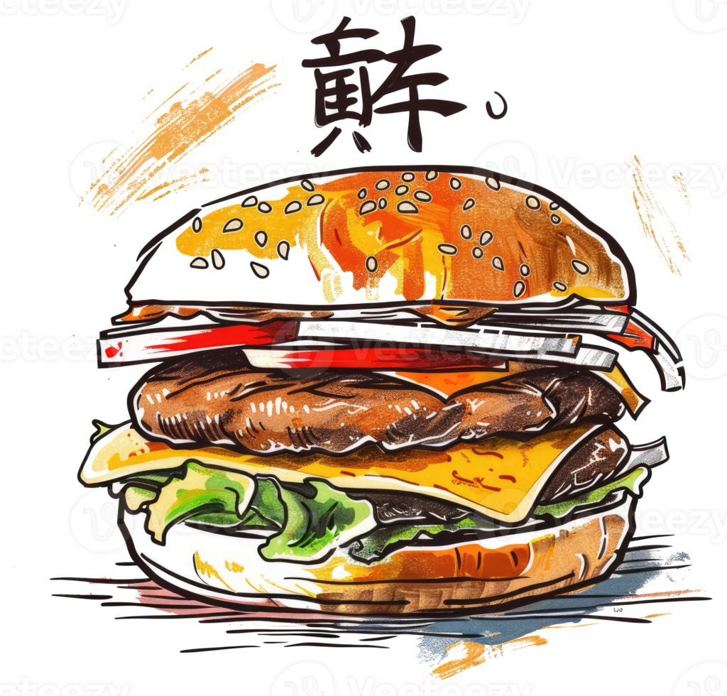 An illustrated image showing a large layered hamburger stacked high png