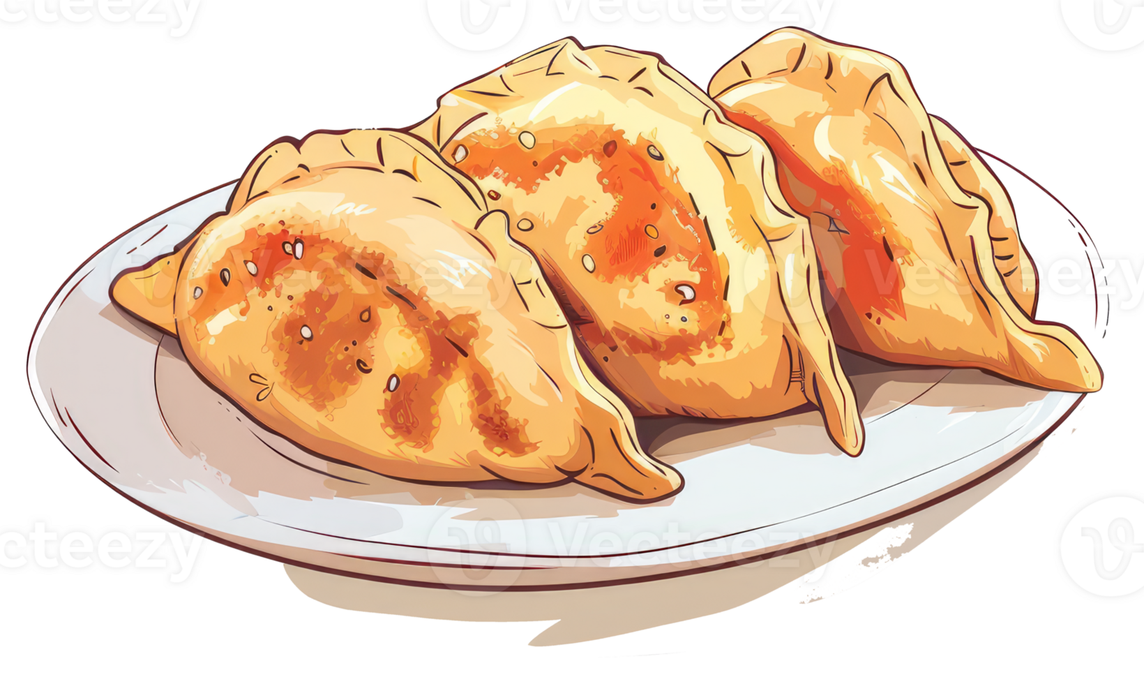 Three golden pastries served on a simple white plate png