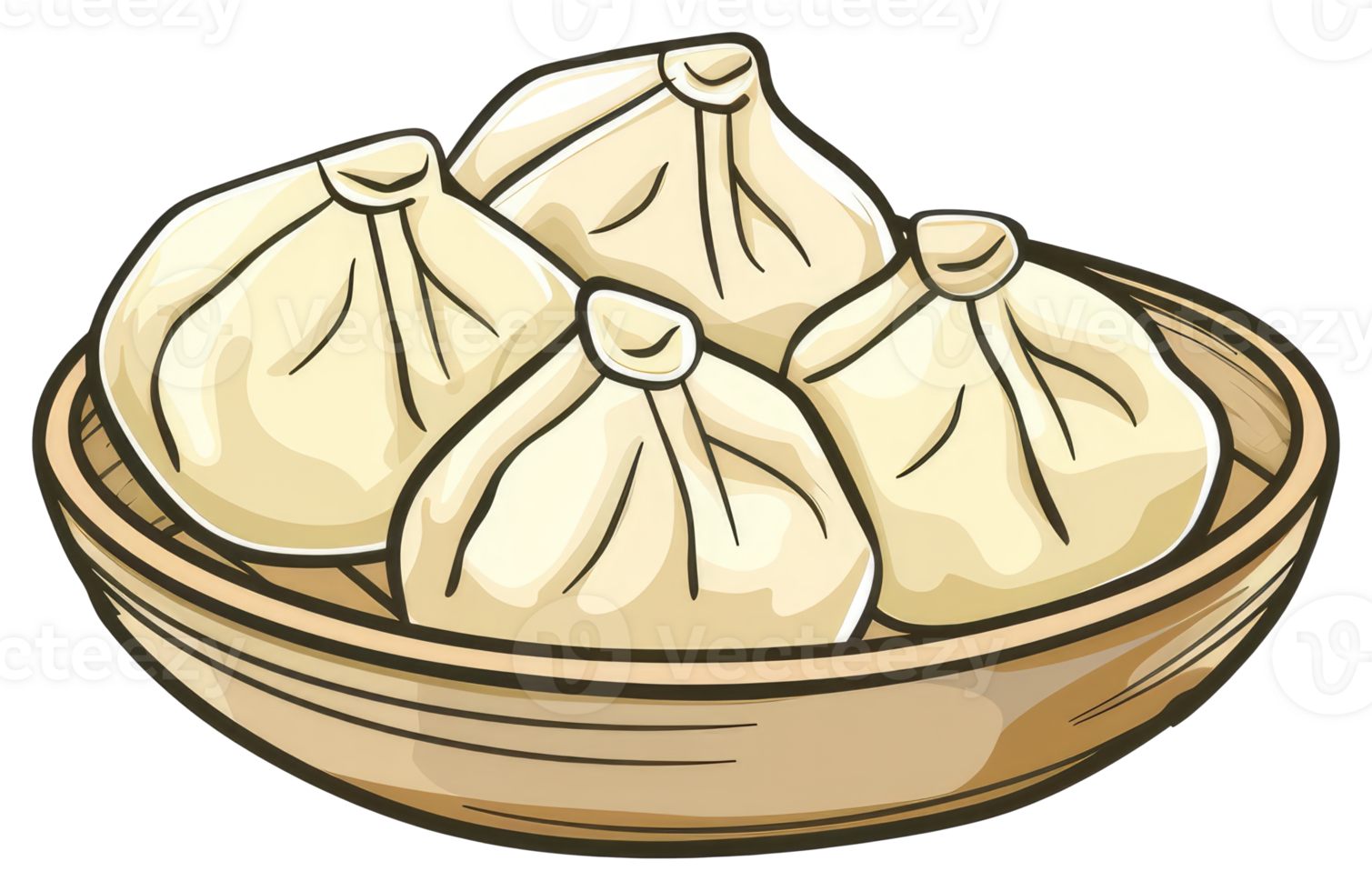 Four steamed dumplings rest inside a wooden bamboo serving basket png