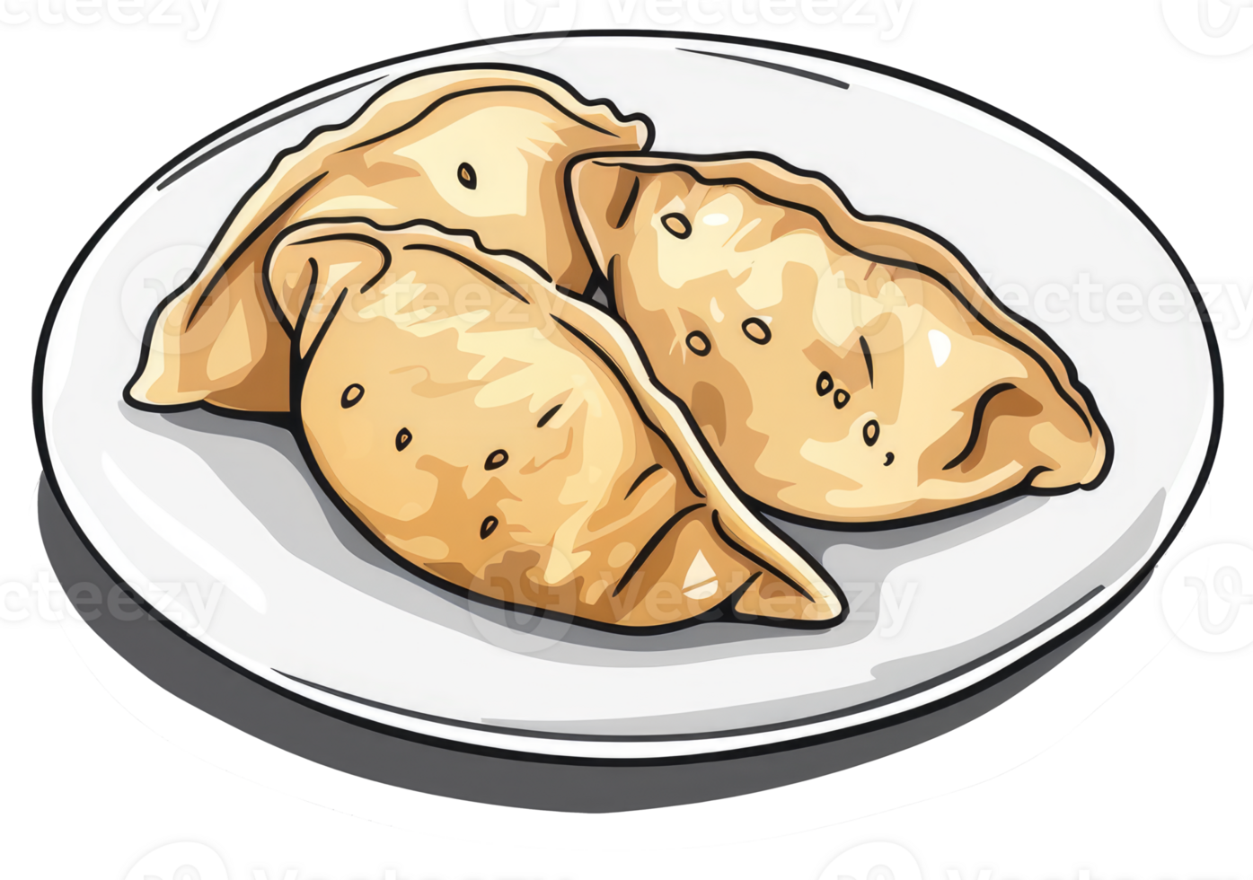 Three golden dumplings arranged neatly on a clean white plate png