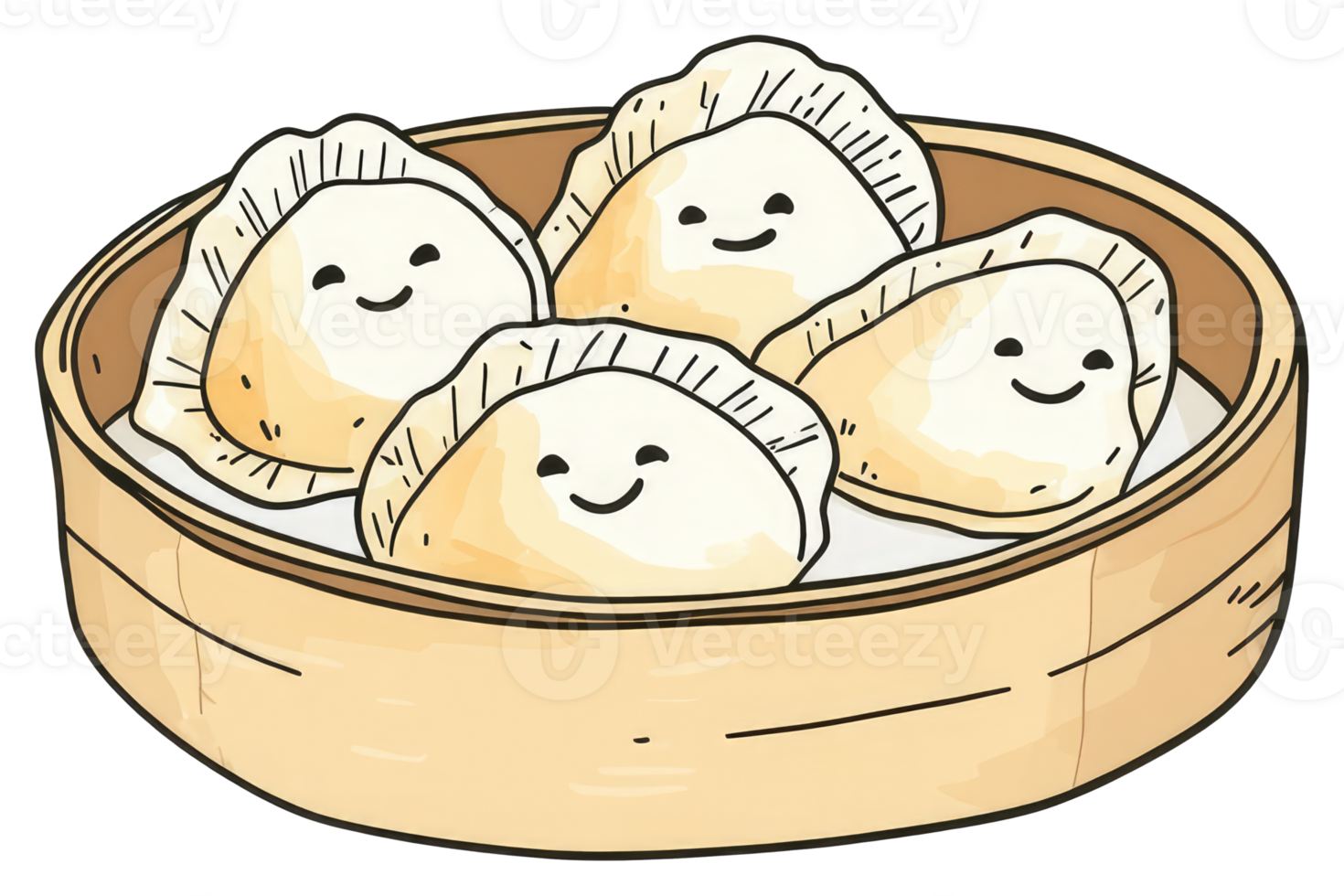 Four Smiling Dumplings Inside a Bamboo Steaming Basket png