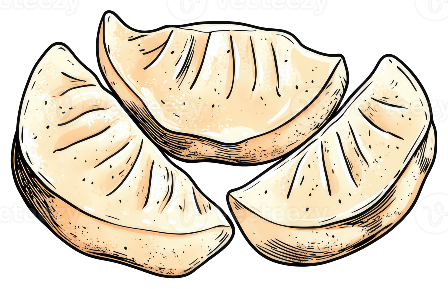 Three delicious dumplings are presented in a graphic illustration png